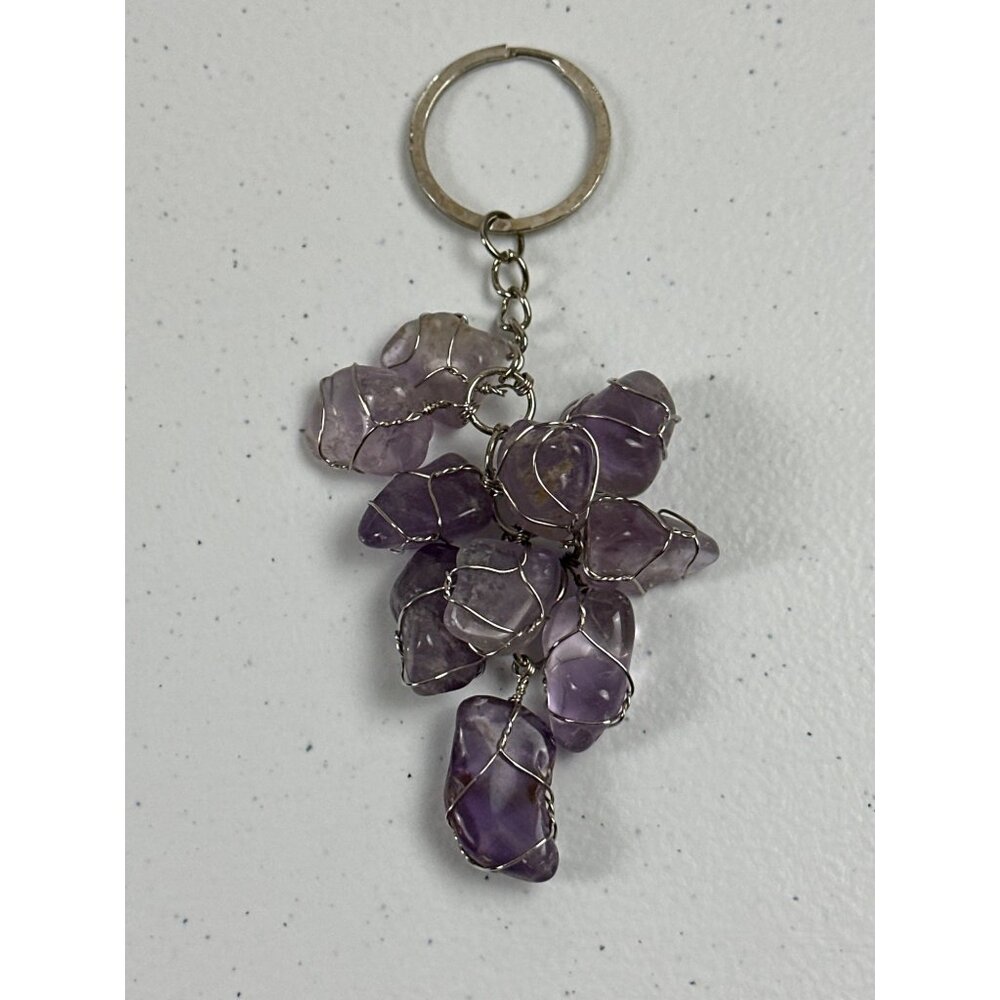 Amethyst Crystal Cluster Keychain With Wire Wrap Detailing & Silver-Tone Keyring